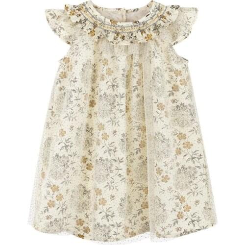 Baby girl summer vintage floral handmade smocking princess dress kids flying sleeve mesh stitching a-line dress