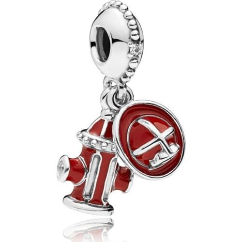 Fit Original Pan Charms Bracelet Women Red Enamel Fire Hydrant Pendant Fire Protection Shield Beads DIY Jewelry for Firemen Gift