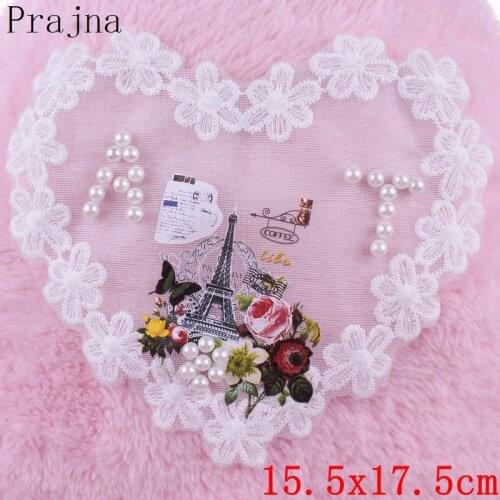 Prajna Embroidery Tshirt Lace Patch Beaded Patches France Tower Flower Sew On Vinyl Transfer Patch Clothes Fabric Sticker Pearl
