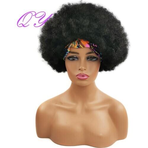QY Hair HeadBand Wig Short Afro Kinky Curly Synthetic Wrap Head Wigs for African Women Turban Hair Wigs
