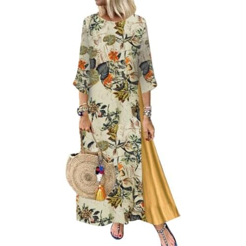 Plus Size Dresses Vintage Chic Women 3/4 Sleeve O Neck Floral Leaves Print Stitching Elegant Loose Maxi Dress