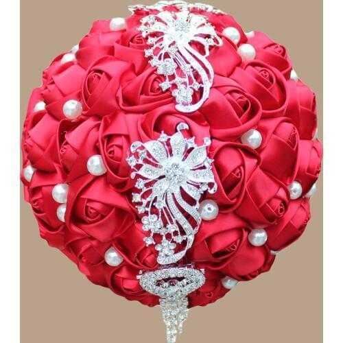 Luxury Bridal Bridemaids Bouquet Burgundy Satin Rose Flower Rhinestone Brooch Wedding Bouquets Floral Handmade Holding Flower