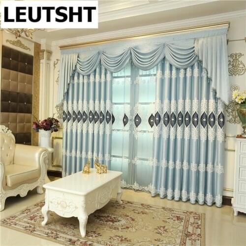 Luxury European and American Style Villas Embroidered Full Shade Curtains for Living Room Light Blue Classic Curtain for Bedroom