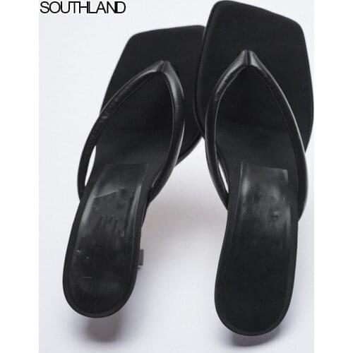 SOUTHLAND Brand Designer 2021 Summer Black square toe high heels Sheep leather Flip Flops