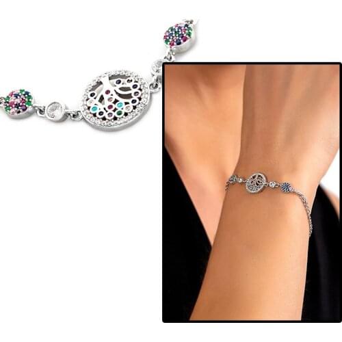 Tesbihane Multicolor Zircon Stone Life Tree Design 925 Sterling Silver Women Bracelet