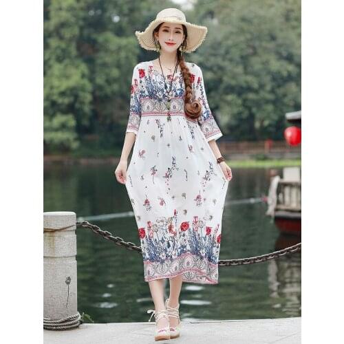 Japanese and Korean Bohemian Dress Elegant 2021 Floral Printed Casual Sexy Summer High Quality Runway Robe Femme Fall Trend