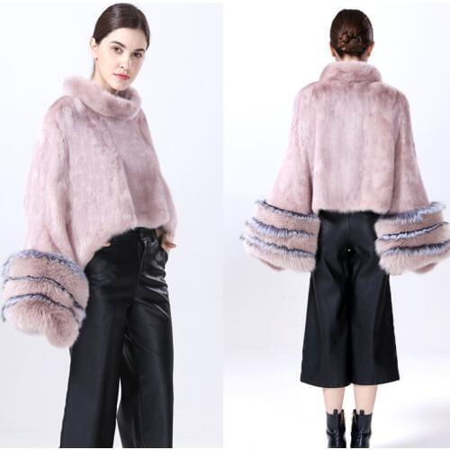 Women real mink fur coat short design pullover cloak marten jacket long sleeves with silver fox fur cuff outerwear female