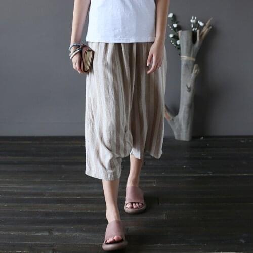 Women Retro Striped Harem Trousers Ladies Vintage Cotton Linen Loose plus size Pants Female Stripes Washed Harem Pants