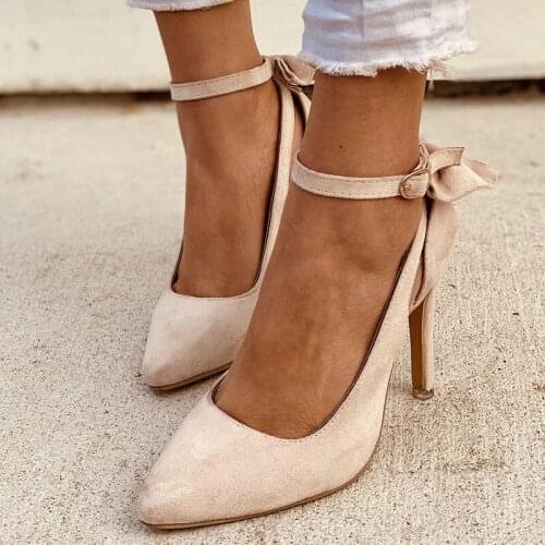 Women Sexy Thin High Heel 2021 Ladies Buckle Strap Footwear Womens Pointed Toe Bowtie Pump Fashion Woman Plus Size Female Shoes