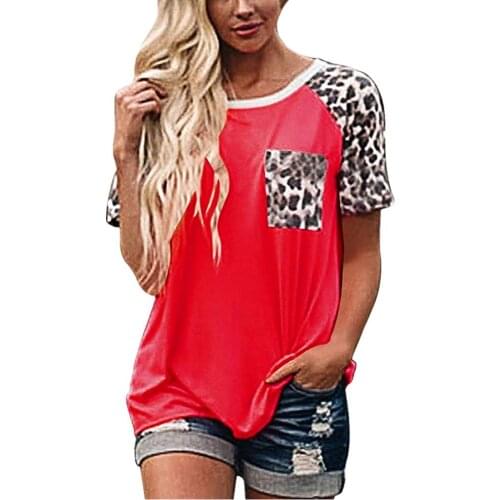 Women tops Stylish O Neck Short Sleeve Leopard Patchwork Pocket T-shirt Loose woman tshirts женские футболки mujer camisetas