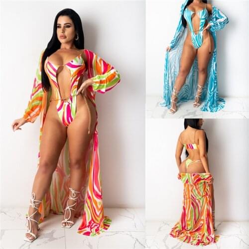 Women Swimwear 2021 Chain Patchwork Tie Dyeing Print Bodysuit + Hollow Out Monikini Bikini Cover Ups Long Maxi Dress 2 Piece Set