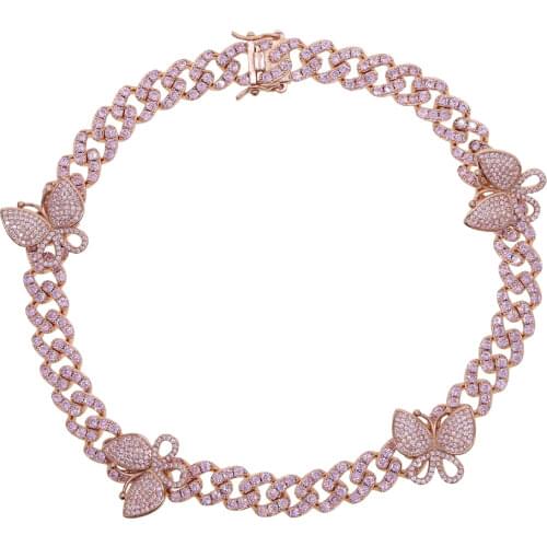 New Pink Animal Butterfly Necklace & Pendant Iced Out 12mm cuban Chain rose gold color Cubic Zircon Women Hip hop Rock Jewelry