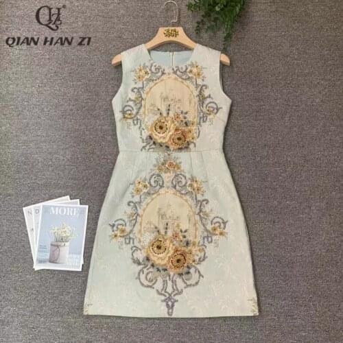 Qian Han Zi spring/autumn designer fashion jacquard sleeveless dress vintage beaded slim luxury dress Women 2021 new