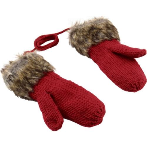 Winter Warm Mittens Thick Knitted Weave Woolen Fur Halter Strap Gloves Girl