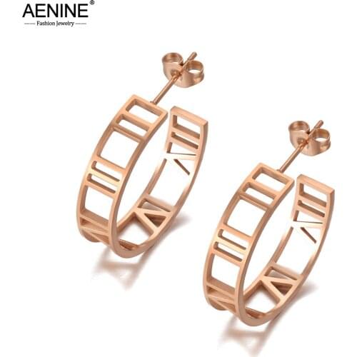 AENINE Vintage 316L Stainless Steel Semicircle Roman Numeral Wedding Earrings For Women Geometric CZ Crystl Earrings AE20094