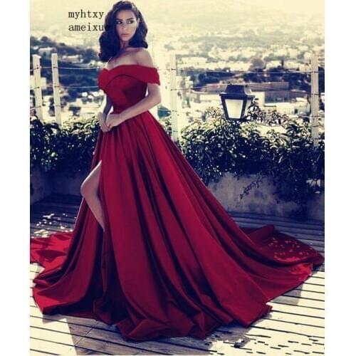 Burgundy Muslim Evening Dresses 2020 Sexy off The Shoulder Slit Sexy Islamic Dubai Saudi Arabic Long Evening Gown Prom Dress