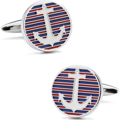 HAWSON Enamel Cufflinks Anchor Red & Blue Stripes Round Cufflinks High Quality for Men