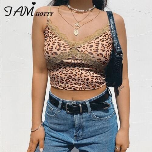 IAMHOTTY Leopard Print Patchwork Lace Sexy Crop Women Sleeveless Backless Casual Vintage Outfits Tops Femme Korean Style Summer