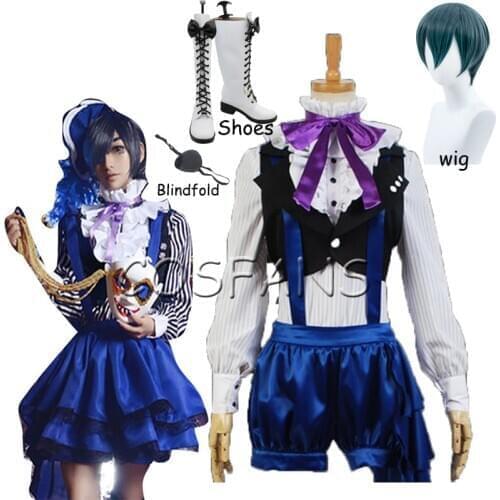 Anime Kuroshitsuji Book of Circus ciel phantomhive Black Butler Cosplay Costume Vest+T-shirt+Pant+Hat+socks Halloween Wig shoes