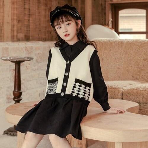 Girls sets wholesale teenage girl black dress and vest 2piece suits kids clothes