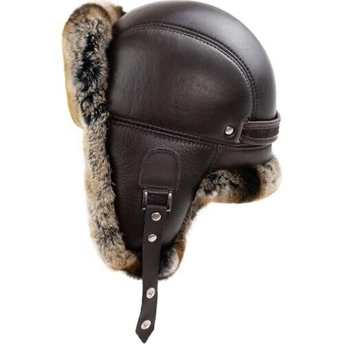 Brown Rex Fur Pilot Leather Hat-Russian Ushanka Leather Hat