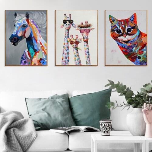Colorful Cute Giraffe And Cat And horse Canvas Painting Animal Posters And Prints Wall Picture For Living Room Decor