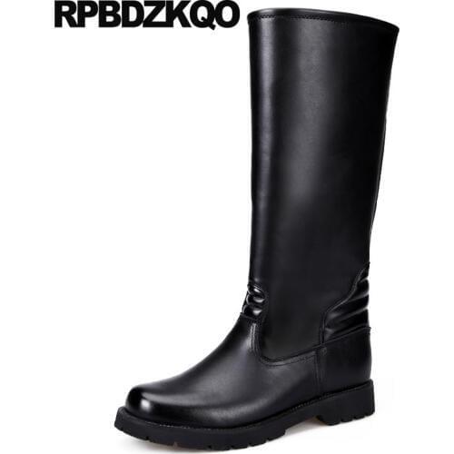 Round Toe Shoes Mens Leather Tall Boots Riding Designer Autumn Black Full Grain Plus Size 2018 Chunky Slip On Runway Knee High