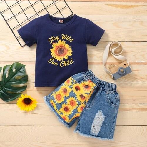 Toddler Girl Summer Clothes Sets Printed Casual Short Sleeved + Sunflower Print Denim Shorts Baby Girls Clothes Set Kids Outfits