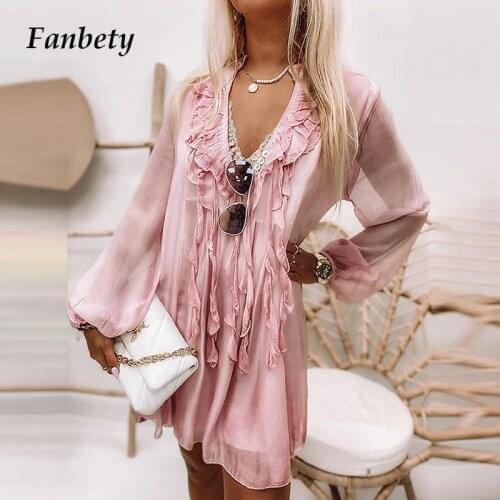 Summer Women Fashion Mesh Party Dresses Casual Elegant Long Sleeve Loose Chiffon Dress Sexy V Neck Ruffle Lady Beach Mini Dress