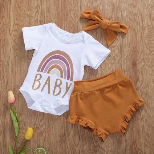 0-18M Summer Baby Girl 2Pcs Set Letter Rainbow Printed Romper Top Solid Pants Girl Sweet Clothing