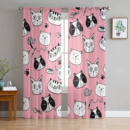 Cute Cartoon Hand Drawn Cat Tulle Curtains for Living Room Bedroom Decor Chiffon Sheer Voile Kitchen Window Curtain