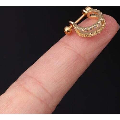 Cute Simple Small Micro Pave CZ C Circle Ear Cartilage Piercing Stud Cuff Clip Double Side Steel Helix Bar Earring Ear Jewelry
