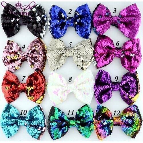 Nishine 10pcs/lot 5" Kids Girls Two Toned Reversible Sparkle Sequin Bow Rainbow Bow Hair Bows For Diy Headwear Hair Accessories