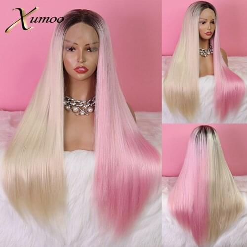 XUMOO Long Bone Straight Synthetic Lace Front Wig Half Pink Half Blonde Wig with Brown Roots Ombre Wigs For Cosplay Black Women
