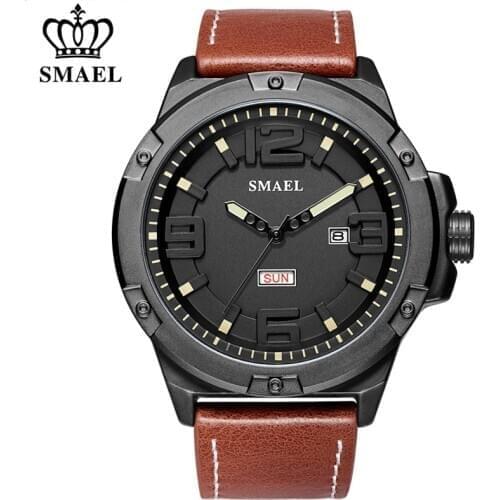 SMAEL Leather Strap Mens Watches Date Waterproof Top Brand Luxury Watch Men Fashion Sport Quartz Wrist Watch Relogio Masculino