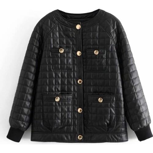Nice Vintage Woman Black Loose Plaid O-Neck Leather Jacket Spring-Autumn Fashion Ladies Oversized PU Outerwear Girls Cool Coats