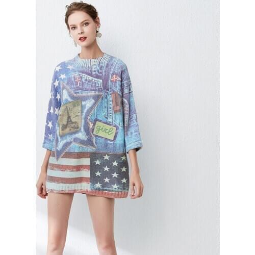 Womens sweaters 2020 fall winter original Imitation denim printing female casual knitwear O neck pullovers