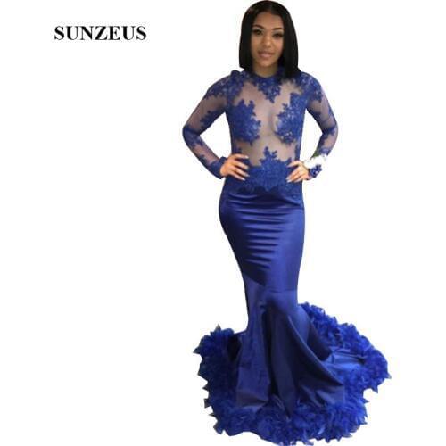 Vestidos De Prom Mermaid Royal Blue Long Party Gowns Appliques Illusion Bodice Long Sleeves Prom Dress With Feathers