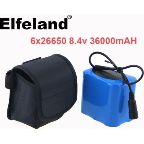8.4V rechargeable 6X26650 36000mAh battery pack Bicycle light DC 5.5MM port rechargeable battery pack with magic bag