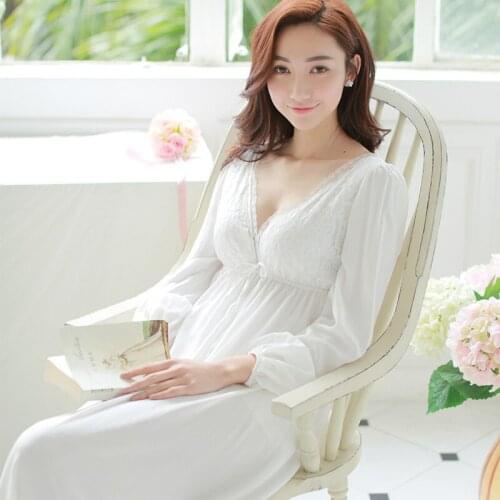 Free Shipping New Princess Wonens White Long Pyjamas Lace Nightgown 100% Cotton Summer Sleepwear Ladies pijamas femininos