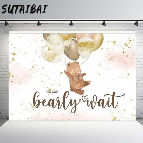 Brown Bear Baby Shower Backdrop Glitter Gold Dots Balloon We Can Bearly Wait Photography Background Girl Party Decoration Banner