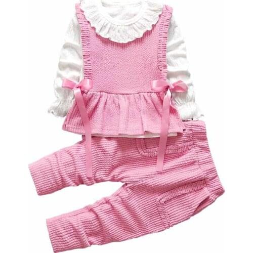 Girl Garment Sets Spring And Autumn Newfashion Girl Lotus leaf collarT-shirt+ vest +Corduroy trousers Three-piece Suit 0-4y