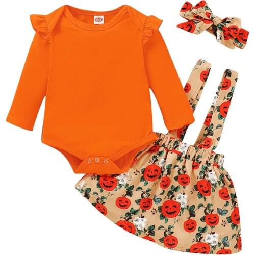 Baby Girls halloween costume Ruffles Long Sleeve T-shirt Girl Bowknot Suspender Skirt Baby Outfit Autumn Clothing 3PCS set