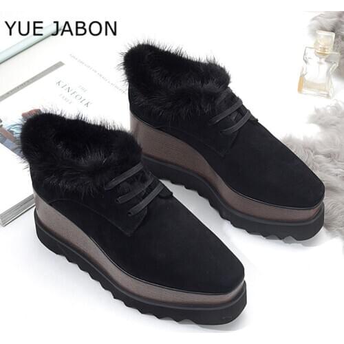Warm Fur Platform Wedges Real Leather Casual Shoes Sexy Super Star Square Toe Lace Up Gladiator zapatos de mujer Heel Sneakers