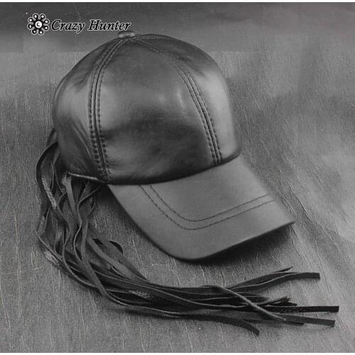 Cool Genuine Leather Long Tassel Braid Biker Cap Rock Gig Mens Hat