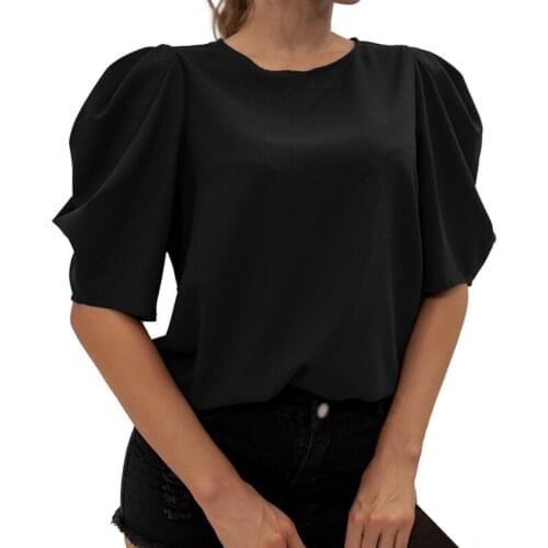 Summer Round Neck Fashion Women T-Shirt Puff Sleeve Solid Color Chiffon Top