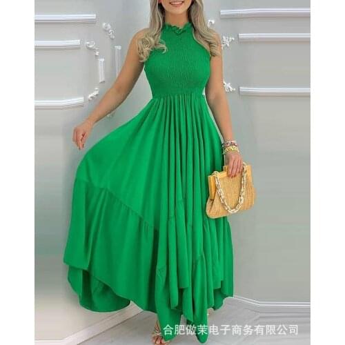 New Womens Sleeveless Creased Irregular Long Dress-Spring