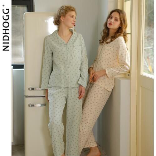 2021 Spring Women Pajamas Cotton Crepe Dandelion Print Pijamas Pastoral Style Long Sleeve Loungewear Two Piece Soft Sleepwear