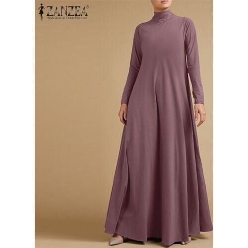 Fashion Women Maxi Long Dress Autumn Turtleneck Long Sleeve Kaftan Party Vestido ZANZEA Elegant Solid Casual Sundress Robe Femme