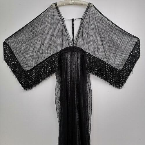 DON&JUDY Sexy Black V-neck Tulle Maternity Robes Sheer See Through Non-Maternity Dress with Tassels Women Dressing Photoshoot